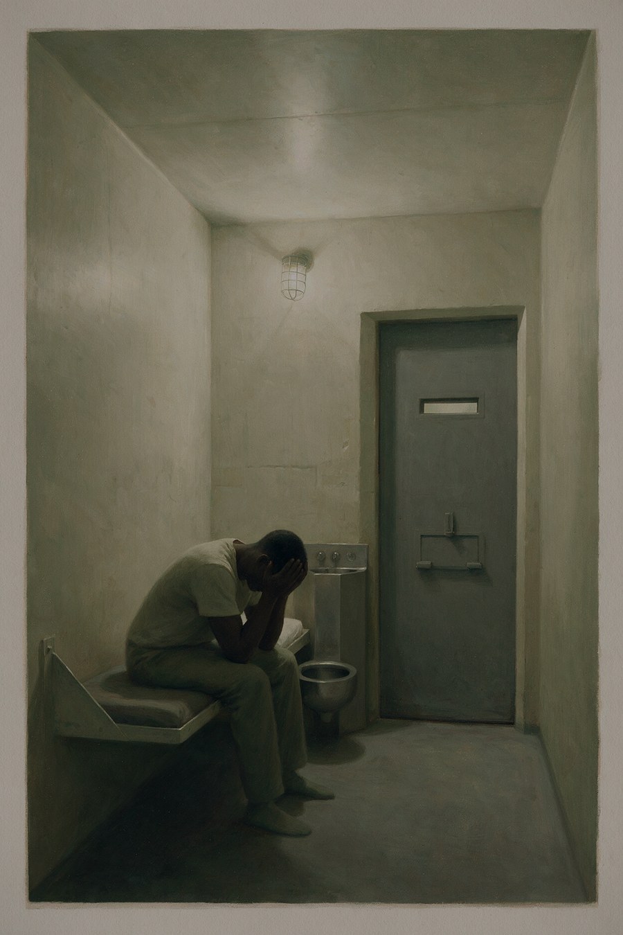 Illustration of a young man sitting hunched on a steel bunk in a small, cold solitary cell, his head in his hands, dim light from a high barred window