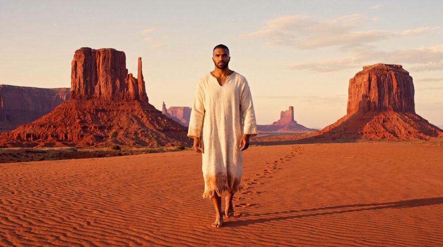 A lone figure in a desert valley at golden hour