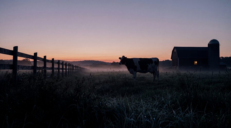 Sanctuary at dusk: a cow in silhouette by a fence line and barn