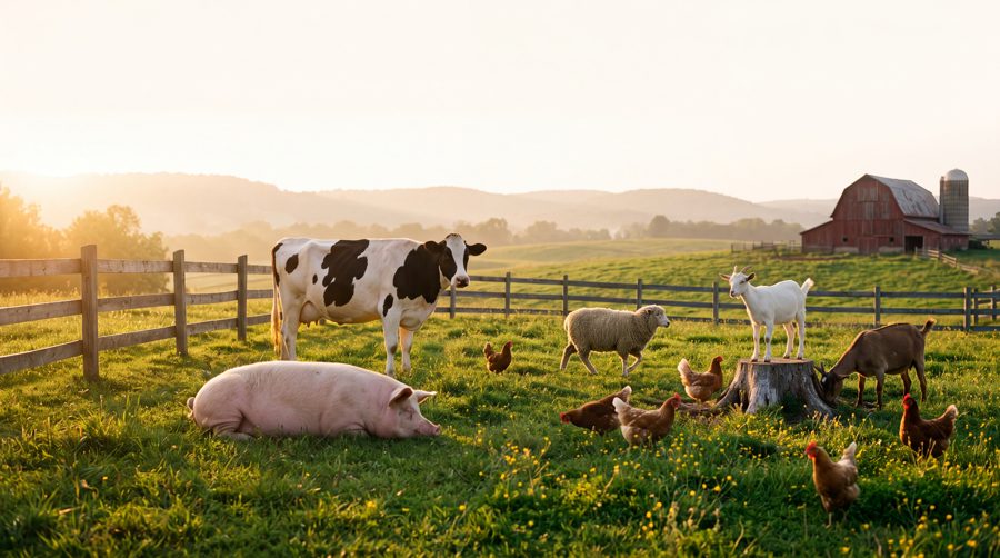 Golden-hour pasture with rescued animals and a red barn