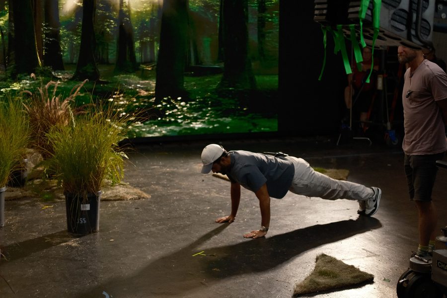 Push-ups on the stage floor