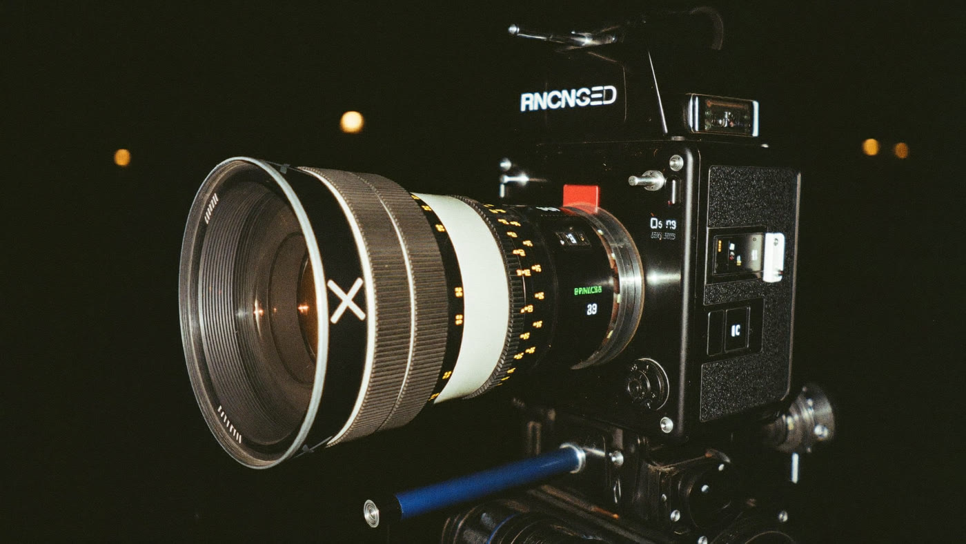 A large-format cinema camera with a vintage anamorphic lens on a dark film set